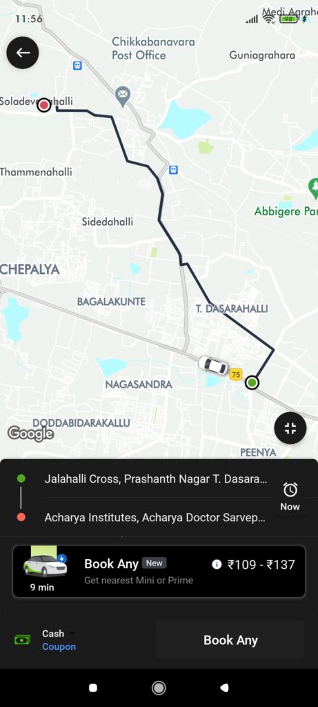 Cab Route from Jalahalli Cross to Acharya Institute of Technology
